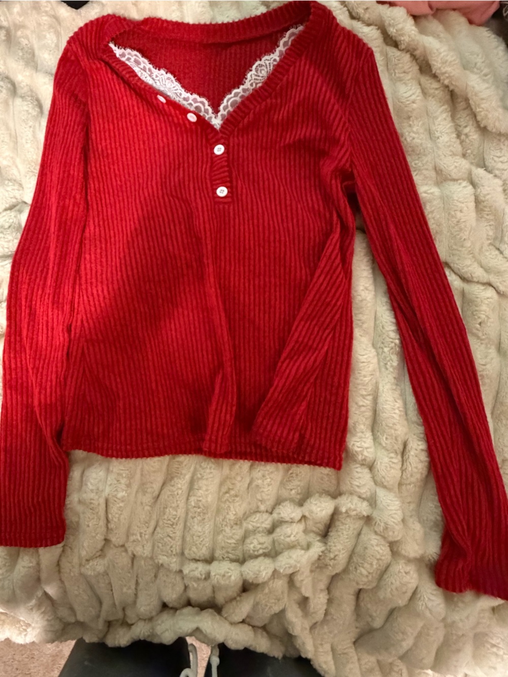 Red Ribbed Long Sleeve Lace Trim Henley Top